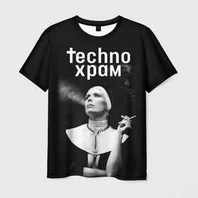 Мужская футболка 3D с принтом Techno храм монашка модель позирует в Екатеринбурге, 100% полиэфир | прямой крой, круглый вырез горловины, длина до линии бедер | 