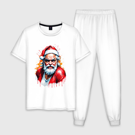 Мужская пижама хлопок с принтом Плохой Санта в стиле акварели в Новосибирске, 100% хлопок | брюки и футболка прямого кроя, без карманов, на брюках мягкая резинка на поясе и по низу штанин
 | 