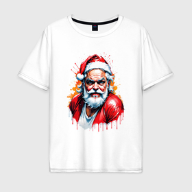 Мужская футболка хлопок Oversize с принтом Плохой Санта в стиле акварели в Новосибирске, 100% хлопок | свободный крой, круглый ворот, “спинка” длиннее передней части | 