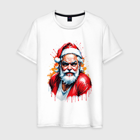 Мужская футболка хлопок с принтом Плохой Санта в стиле акварели в Кировске, 100% хлопок | прямой крой, круглый вырез горловины, длина до линии бедер, слегка спущенное плечо. | 
