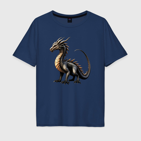 Мужская футболка хлопок Oversize с принтом Золотистый дракон в Тюмени, 100% хлопок | свободный крой, круглый ворот, “спинка” длиннее передней части | 