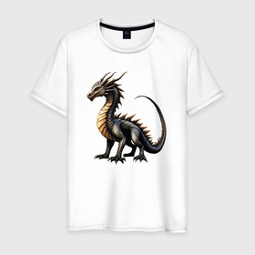 Мужская футболка хлопок с принтом Золотистый дракон в Санкт-Петербурге, 100% хлопок | прямой крой, круглый вырез горловины, длина до линии бедер, слегка спущенное плечо. | 