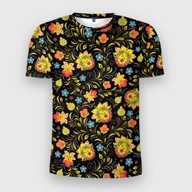 Мужская футболка 3D Slim с принтом Хохломская роспись разноцветные цветы в Тюмени, 100% полиэстер с улучшенными характеристиками | приталенный силуэт, круглая горловина, широкие плечи, сужается к линии бедра | 