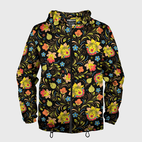 Мужская ветровка 3D с принтом Хохломская роспись разноцветные цветы в Тюмени, 100% полиэстер | подол и капюшон оформлены резинкой с фиксаторами, два кармана без застежек по бокам, один потайной карман на груди | 