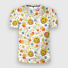 Мужская футболка 3D Slim с принтом Хохломская роспись разноцветные цветы на белом фоне в Тюмени, 100% полиэстер с улучшенными характеристиками | приталенный силуэт, круглая горловина, широкие плечи, сужается к линии бедра | 