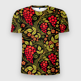 Мужская футболка 3D Slim с принтом Хохломская роспись красные ягоды в Тюмени, 100% полиэстер с улучшенными характеристиками | приталенный силуэт, круглая горловина, широкие плечи, сужается к линии бедра | Тематика изображения на принте: 