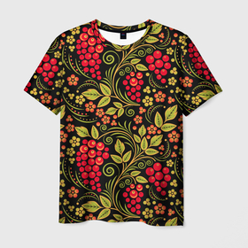 Мужская футболка 3D с принтом Хохломская роспись красные ягоды в Тюмени, 100% полиэфир | прямой крой, круглый вырез горловины, длина до линии бедер | Тематика изображения на принте: 