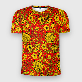 Мужская футболка 3D Slim с принтом Хохломская роспись золотистые цветы на красном фоне в Тюмени, 100% полиэстер с улучшенными характеристиками | приталенный силуэт, круглая горловина, широкие плечи, сужается к линии бедра | Тематика изображения на принте: 