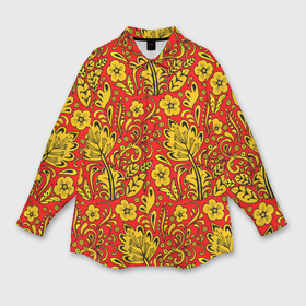Мужская рубашка oversize 3D с принтом Хохломская роспись золотистые цветы на красном фоне в Тюмени,  |  | Тематика изображения на принте: 
