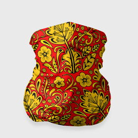 Бандана-труба 3D с принтом Хохломская роспись золотистые цветы на красном фоне в Тюмени, 100% полиэстер, ткань с особыми свойствами — Activecool | плотность 150‒180 г/м2; хорошо тянется, но сохраняет форму | 