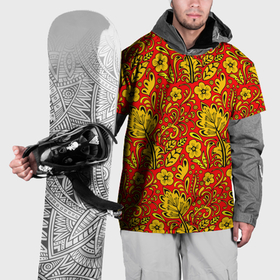 Накидка на куртку 3D с принтом Хохломская роспись золотистые цветы на красном фоне в Тюмени, 100% полиэстер |  | 