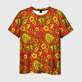 Мужская футболка 3D с принтом Хохломская роспись золотистые цветы на красном фоне в Тюмени, 100% полиэфир | прямой крой, круглый вырез горловины, длина до линии бедер | Тематика изображения на принте: 