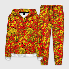 Мужской костюм 3D с принтом Хохломская роспись золотистые цветы на красном фоне в Тюмени, 100% полиэстер | Манжеты и пояс оформлены тканевой резинкой, двухслойный капюшон со шнурком для регулировки, карманы спереди | 