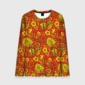 Мужской лонгслив 3D с принтом Хохломская роспись золотистые цветы на красном фоне в Тюмени, 100% полиэстер | длинные рукава, круглый вырез горловины, полуприлегающий силуэт | 