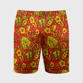 Мужские шорты спортивные с принтом Хохломская роспись золотистые цветы на красном фоне в Курске,  |  | 
