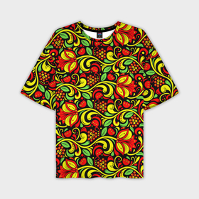 Мужская футболка oversize 3D с принтом Хохломская роспись красные цветы и ягоды в Тюмени,  |  | Тематика изображения на принте: 