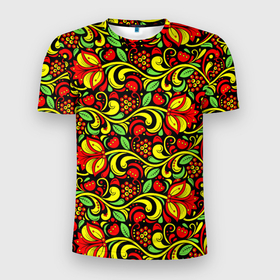 Мужская футболка 3D Slim с принтом Хохломская роспись красные цветы и ягоды в Тюмени, 100% полиэстер с улучшенными характеристиками | приталенный силуэт, круглая горловина, широкие плечи, сужается к линии бедра | 