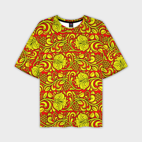 Мужская футболка oversize 3D с принтом Хохломская роспись золотистые цветы и ягоды на красном фоне в Тюмени,  |  | Тематика изображения на принте: 