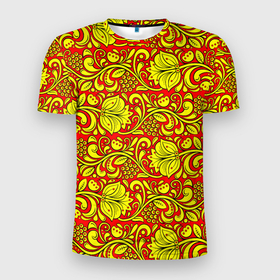 Мужская футболка 3D Slim с принтом Хохломская роспись золотистые цветы и ягоды на красном фоне в Белгороде, 100% полиэстер с улучшенными характеристиками | приталенный силуэт, круглая горловина, широкие плечи, сужается к линии бедра | 