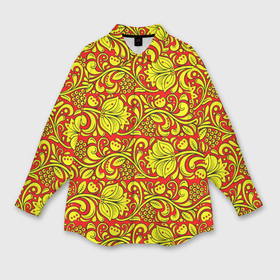 Мужская рубашка oversize 3D с принтом Хохломская роспись золотистые цветы и ягоды на красном фоне в Курске,  |  | 