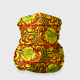 Бандана-труба 3D с принтом Хохломская роспись золотистые цветы и ягоды на красном фоне в Тюмени, 100% полиэстер, ткань с особыми свойствами — Activecool | плотность 150‒180 г/м2; хорошо тянется, но сохраняет форму | 