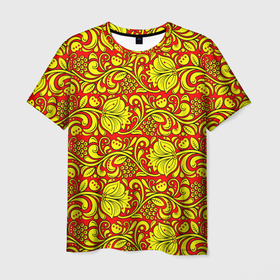 Мужская футболка 3D с принтом Хохломская роспись золотистые цветы и ягоды на красном фоне в Тюмени, 100% полиэфир | прямой крой, круглый вырез горловины, длина до линии бедер | 