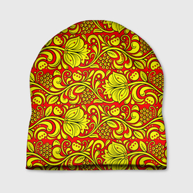 Шапка 3D с принтом Хохломская роспись золотистые цветы и ягоды на красном фоне в Тюмени, 100% полиэстер | универсальный размер, печать по всей поверхности изделия | 