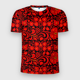 Мужская футболка 3D Slim с принтом Хохломская роспись красные цветы и ягоды на чёрном фоне в Тюмени, 100% полиэстер с улучшенными характеристиками | приталенный силуэт, круглая горловина, широкие плечи, сужается к линии бедра | 