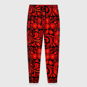 Мужские брюки 3D с принтом Хохломская роспись красные цветы и ягоды на чёрном фоне в Курске, 100% полиэстер | манжеты по низу, эластичный пояс регулируется шнурком, по бокам два кармана без застежек, внутренняя часть кармана из мелкой сетки | 