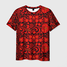 Мужская футболка 3D с принтом Хохломская роспись красные цветы и ягоды на чёрном фоне в Екатеринбурге, 100% полиэфир | прямой крой, круглый вырез горловины, длина до линии бедер | 