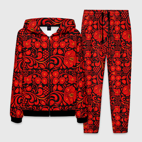 Мужской костюм 3D с принтом Хохломская роспись красные цветы и ягоды на чёрном фоне , 100% полиэстер | Манжеты и пояс оформлены тканевой резинкой, двухслойный капюшон со шнурком для регулировки, карманы спереди | 