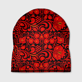Шапка 3D с принтом Хохломская роспись красные цветы и ягоды на чёрном фоне в Новосибирске, 100% полиэстер | универсальный размер, печать по всей поверхности изделия | 