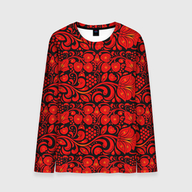 Мужской лонгслив 3D с принтом Хохломская роспись красные цветы и ягоды на чёрном фоне в Тюмени, 100% полиэстер | длинные рукава, круглый вырез горловины, полуприлегающий силуэт | Тематика изображения на принте: 
