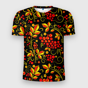 Мужская футболка 3D Slim с принтом Хохломская роспись золотистые листья чёрном фоне в Тюмени, 100% полиэстер с улучшенными характеристиками | приталенный силуэт, круглая горловина, широкие плечи, сужается к линии бедра | 