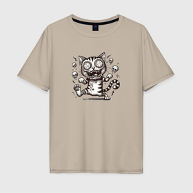 Мужская футболка хлопок Oversize с принтом Кричащий кот зомби и черепа в Курске, 100% хлопок | свободный крой, круглый ворот, “спинка” длиннее передней части | Тематика изображения на принте: 