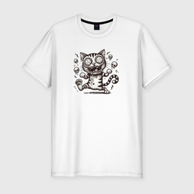 Мужская футболка хлопок Slim с принтом Кричащий кот зомби и черепа в Белгороде, 92% хлопок, 8% лайкра | приталенный силуэт, круглый вырез ворота, длина до линии бедра, короткий рукав | 