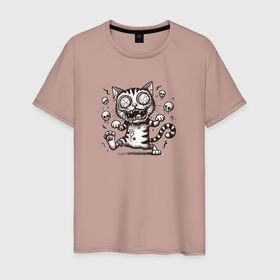 Мужская футболка хлопок с принтом Кричащий кот зомби и черепа в Санкт-Петербурге, 100% хлопок | прямой крой, круглый вырез горловины, длина до линии бедер, слегка спущенное плечо. | 