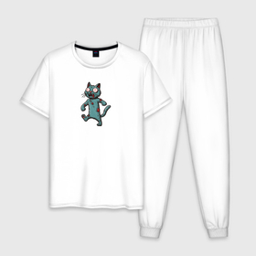 Мужская пижама хлопок с принтом Идущий зеленый зомби кот в Санкт-Петербурге, 100% хлопок | брюки и футболка прямого кроя, без карманов, на брюках мягкая резинка на поясе и по низу штанин
 | 