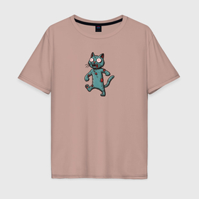 Мужская футболка хлопок Oversize с принтом Идущий зеленый зомби кот , 100% хлопок | свободный крой, круглый ворот, “спинка” длиннее передней части | 
