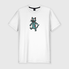 Мужская футболка хлопок Slim с принтом Идущий зеленый зомби кот в Кировске, 92% хлопок, 8% лайкра | приталенный силуэт, круглый вырез ворота, длина до линии бедра, короткий рукав | 