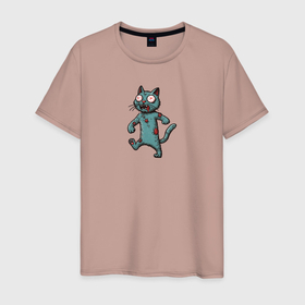 Мужская футболка хлопок с принтом Идущий зеленый зомби кот , 100% хлопок | прямой крой, круглый вырез горловины, длина до линии бедер, слегка спущенное плечо. | Тематика изображения на принте: 