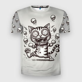 Мужская футболка 3D Slim с принтом Безумный орущий кот зомби в Петрозаводске, 100% полиэстер с улучшенными характеристиками | приталенный силуэт, круглая горловина, широкие плечи, сужается к линии бедра | 