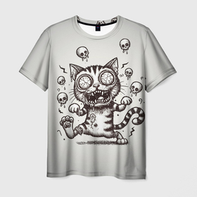 Мужская футболка 3D с принтом Безумный орущий кот зомби в Курске, 100% полиэфир | прямой крой, круглый вырез горловины, длина до линии бедер | 