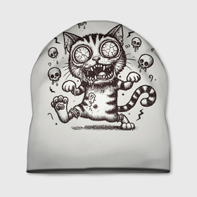 Шапка 3D с принтом Безумный орущий кот зомби в Тюмени, 100% полиэстер | универсальный размер, печать по всей поверхности изделия | 