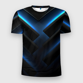 Мужская футболка 3D Slim с принтом Черный абстрактный фон и синие неоновые вставки в Екатеринбурге, 100% полиэстер с улучшенными характеристиками | приталенный силуэт, круглая горловина, широкие плечи, сужается к линии бедра | 