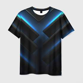 Мужская футболка 3D с принтом Черный абстрактный фон и синие неоновые вставки в Курске, 100% полиэфир | прямой крой, круглый вырез горловины, длина до линии бедер | 