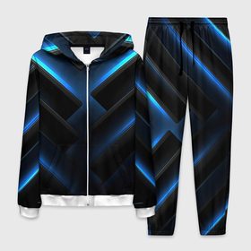 Мужской костюм 3D с принтом Черный абстрактный фон и синие неоновые вставки в Екатеринбурге, 100% полиэстер | Манжеты и пояс оформлены тканевой резинкой, двухслойный капюшон со шнурком для регулировки, карманы спереди | 