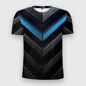 Мужская футболка 3D Slim с принтом Черный абстрактный фон и синие неоновые  вставки в Екатеринбурге, 100% полиэстер с улучшенными характеристиками | приталенный силуэт, круглая горловина, широкие плечи, сужается к линии бедра | 