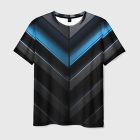 Мужская футболка 3D с принтом Черный абстрактный фон и синие неоновые  вставки в Курске, 100% полиэфир | прямой крой, круглый вырез горловины, длина до линии бедер | 