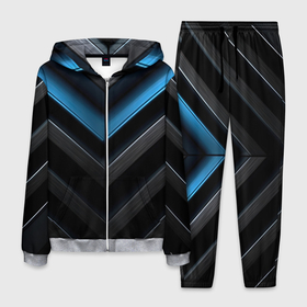 Мужской костюм 3D с принтом Черный абстрактный фон и синие неоновые  вставки в Екатеринбурге, 100% полиэстер | Манжеты и пояс оформлены тканевой резинкой, двухслойный капюшон со шнурком для регулировки, карманы спереди | 
